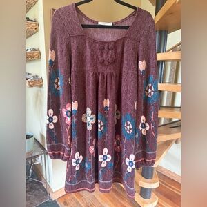 Hazel Bohemian Floral Knit Dress in Burgundy MED